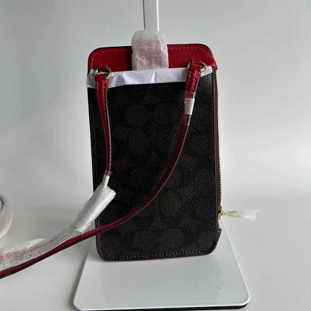 Coach North South Phone Crossbody Walnut Red Signature Canvas C6884 Like New